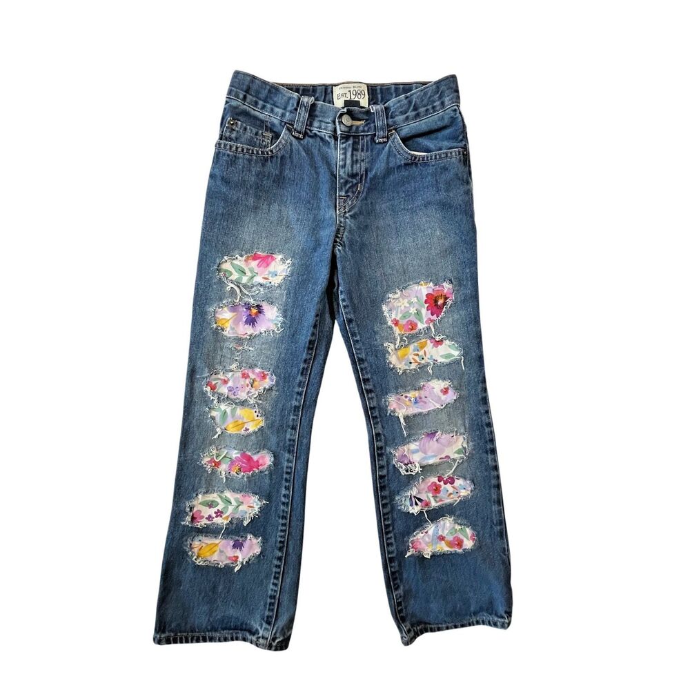 The Childrens Place Jeans Girls 7 Bootcut Patches Adj Waist (W22 L21)